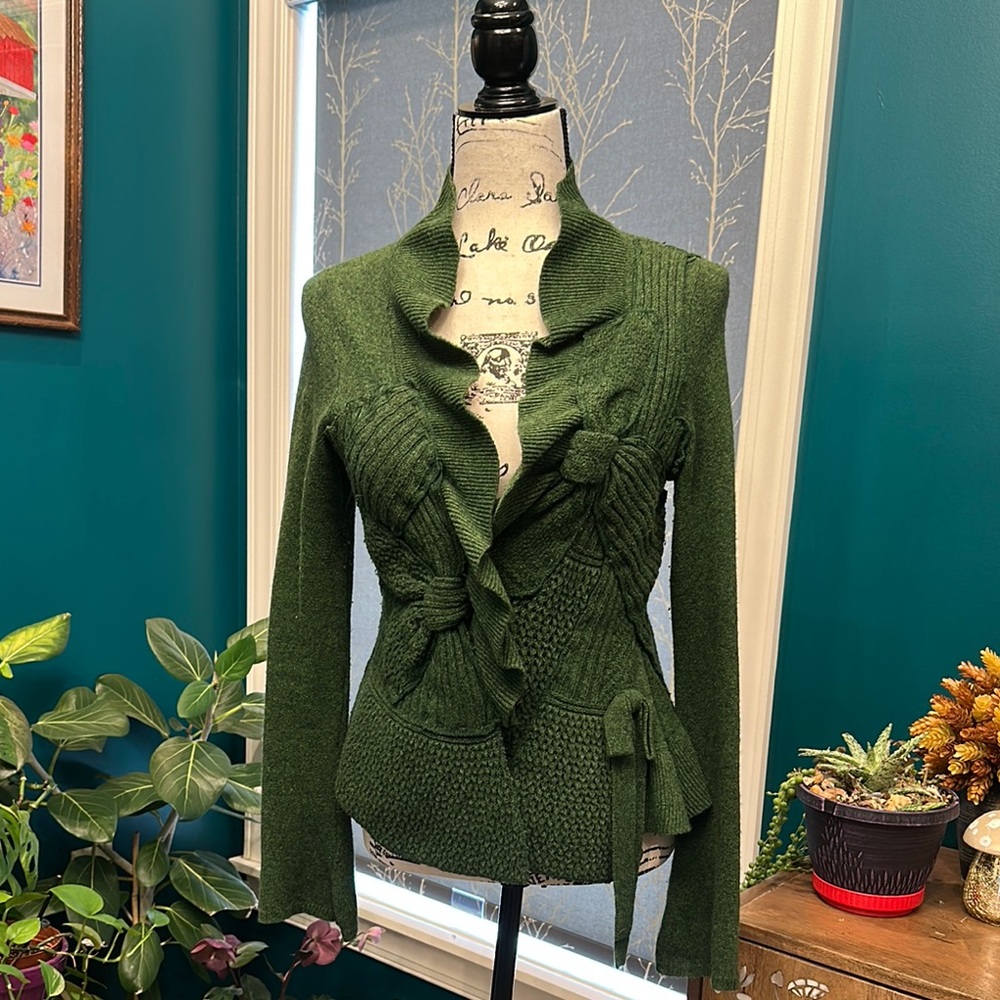 Anthropologie Green Cardigan with Ruffled Collar and Tie Waist